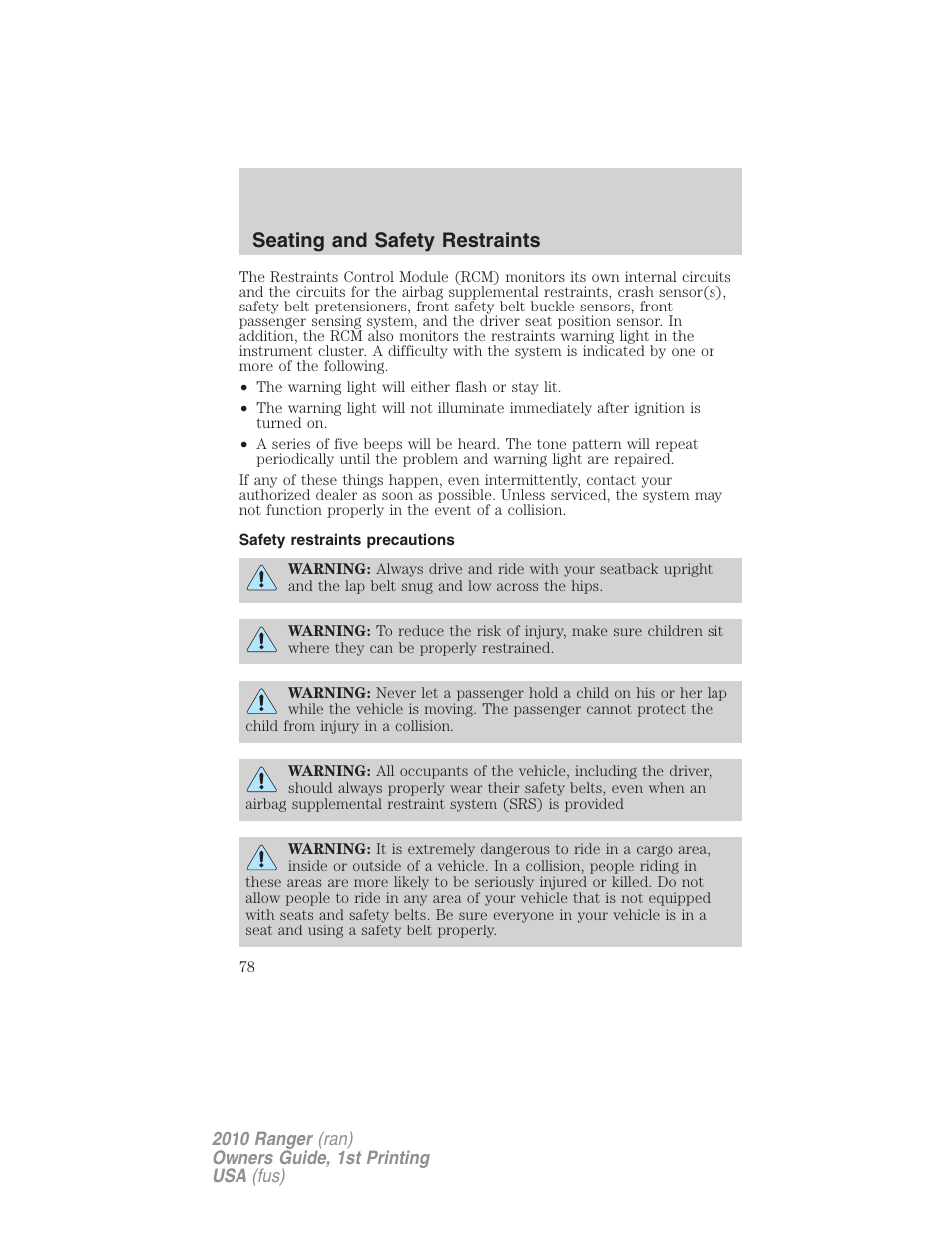 Safety restraints precautions, Seating and safety restraints | FORD 2010 Ranger v.1 User Manual | Page 78 / 286