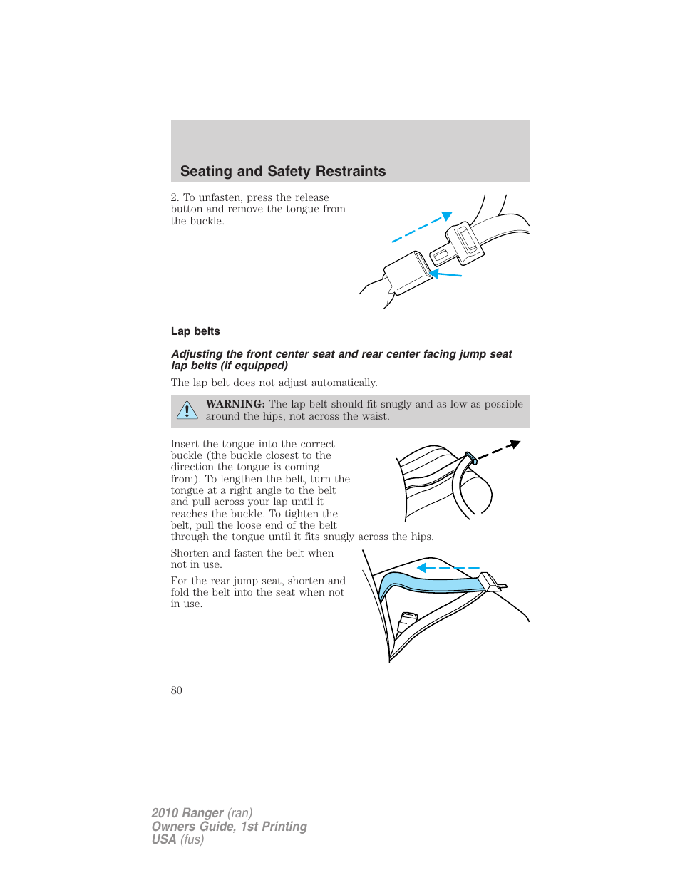 Lap belts, Seating and safety restraints | FORD 2010 Ranger v.1 User Manual | Page 80 / 286