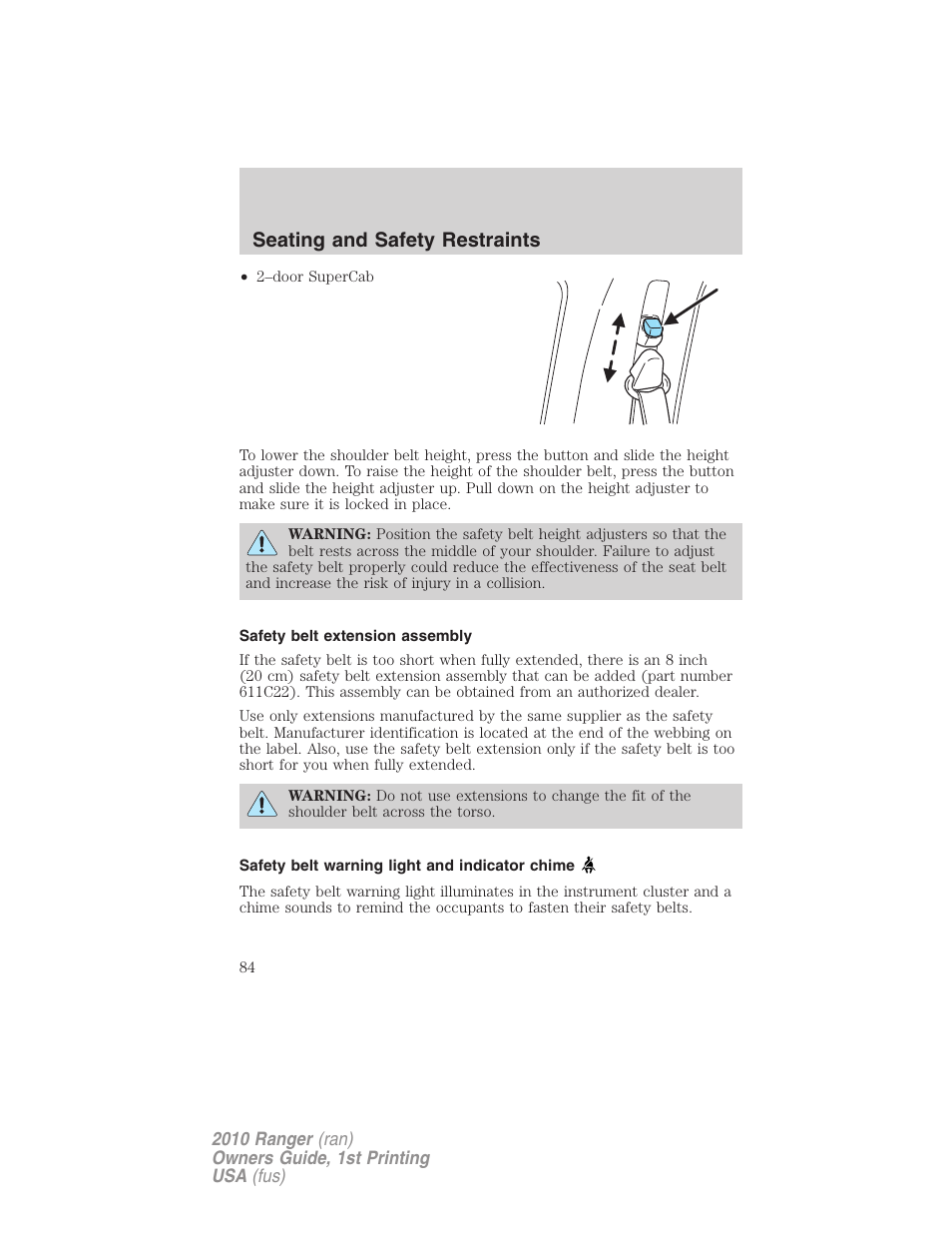 Safety belt extension assembly, Safety belt warning light and indicator chime, Seating and safety restraints | FORD 2010 Ranger v.1 User Manual | Page 84 / 286