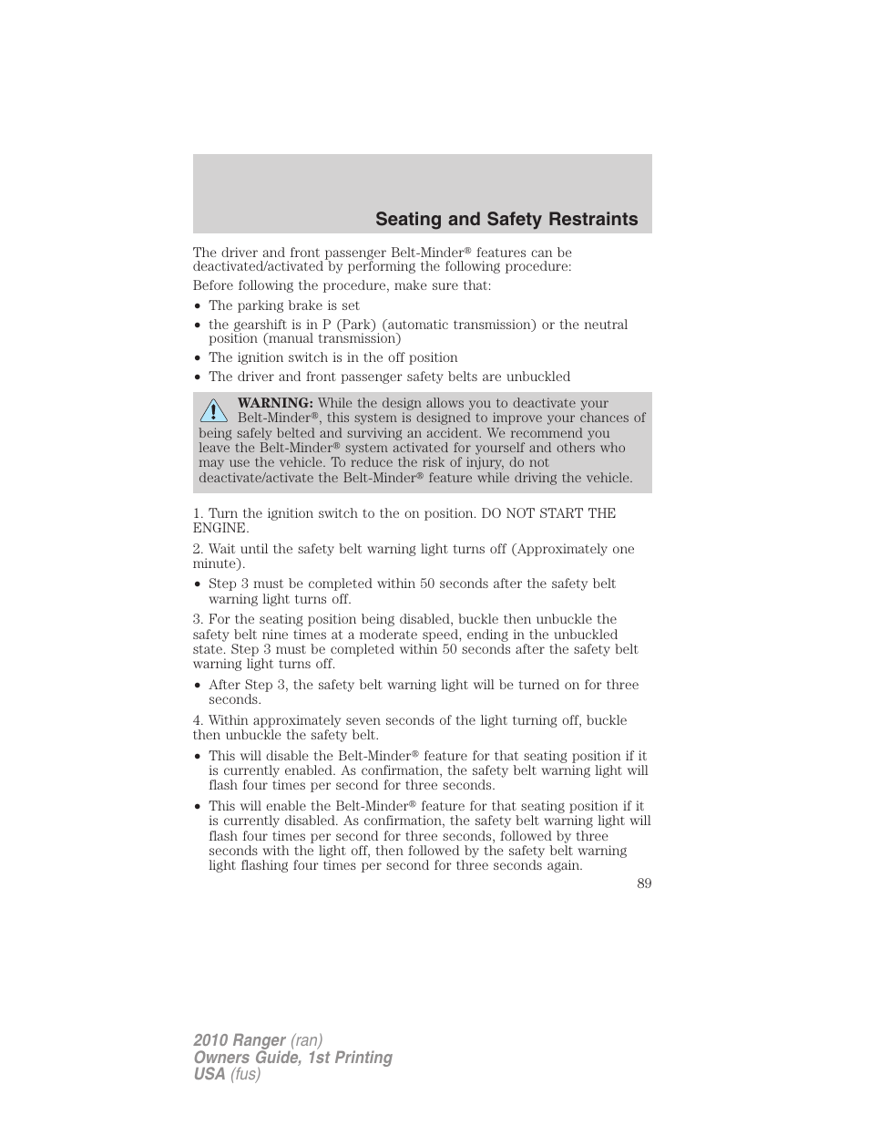 Seating and safety restraints | FORD 2010 Ranger v.1 User Manual | Page 89 / 286