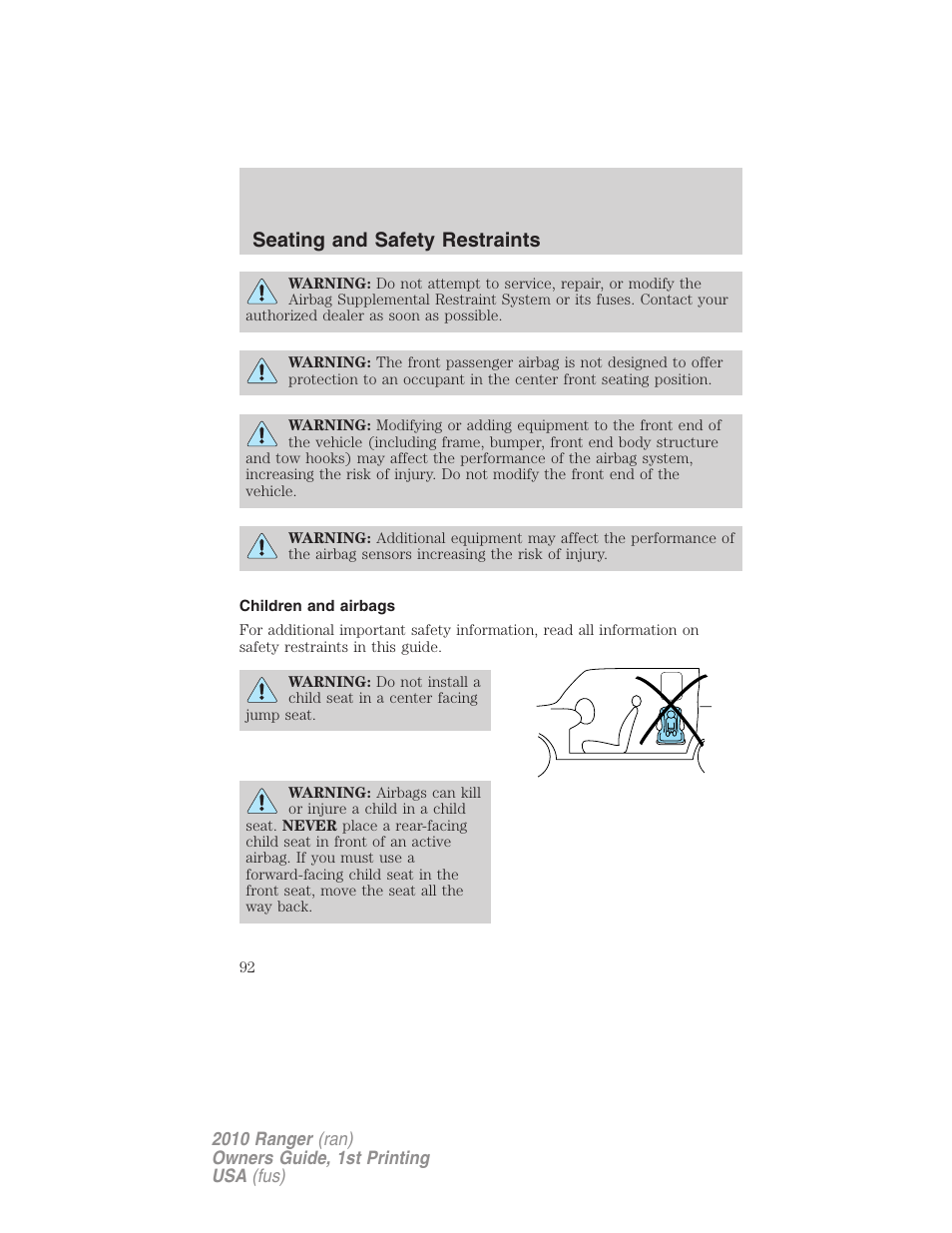 Children and airbags, Seating and safety restraints | FORD 2010 Ranger v.1 User Manual | Page 92 / 286