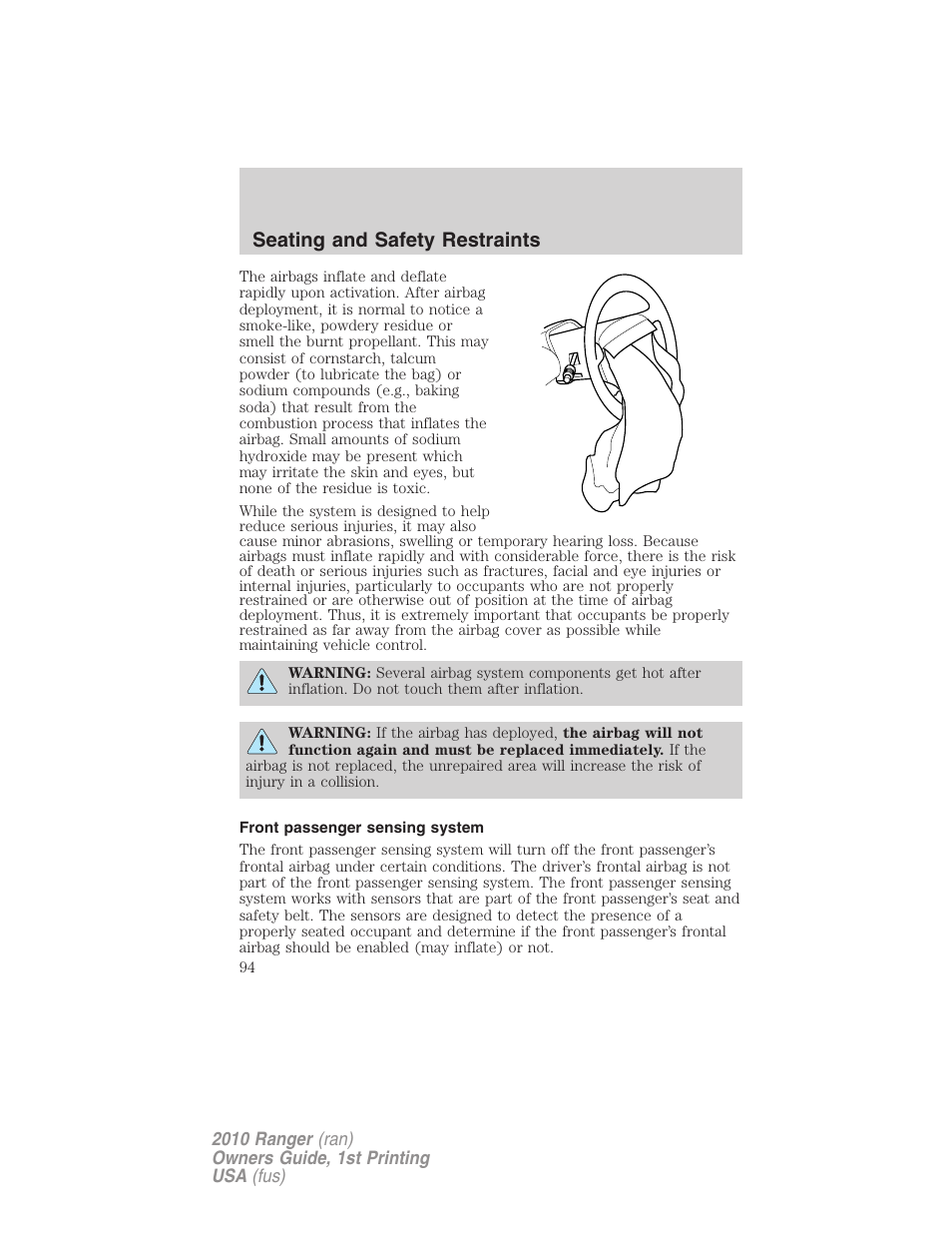 Front passenger sensing system, Seating and safety restraints | FORD 2010 Ranger v.1 User Manual | Page 94 / 286