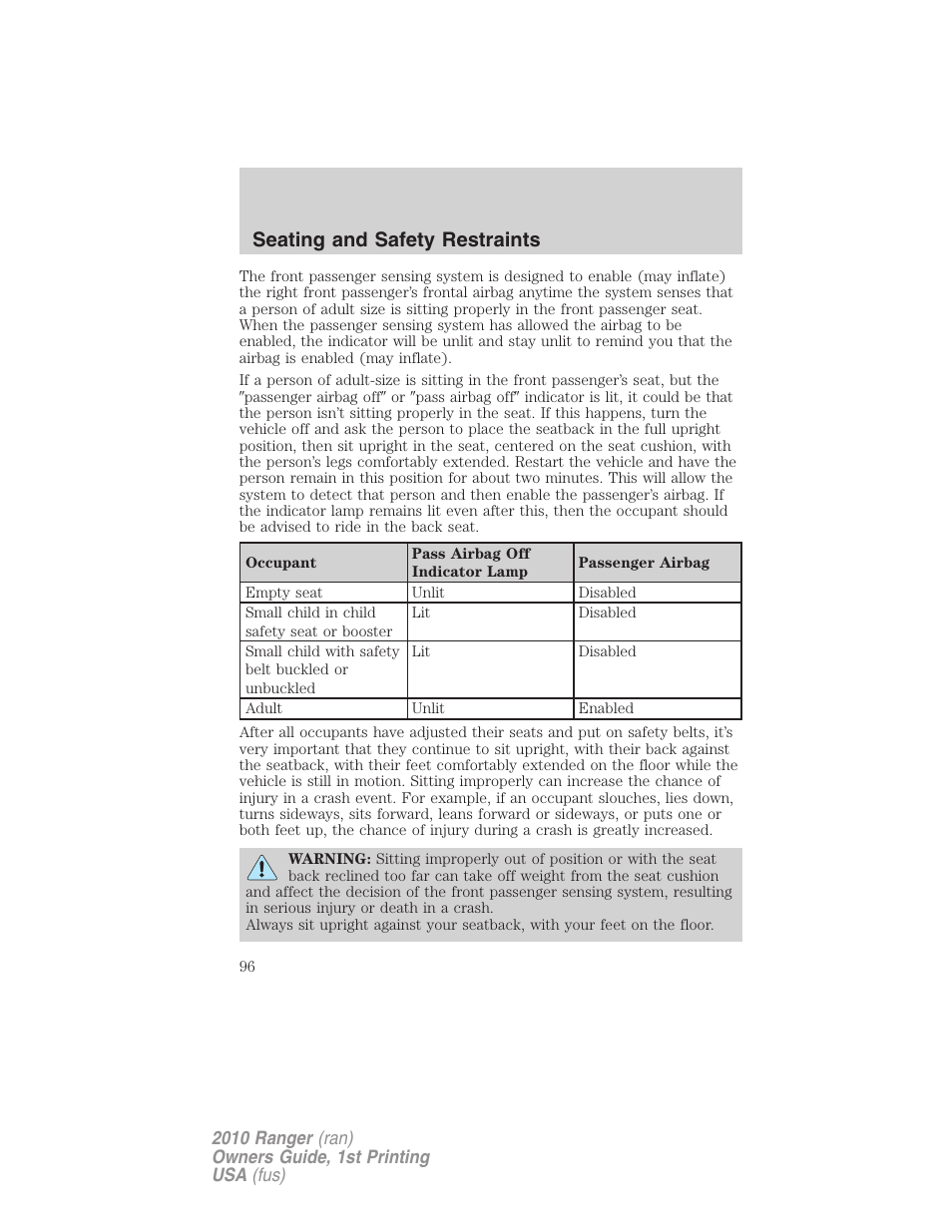 Seating and safety restraints | FORD 2010 Ranger v.1 User Manual | Page 96 / 286