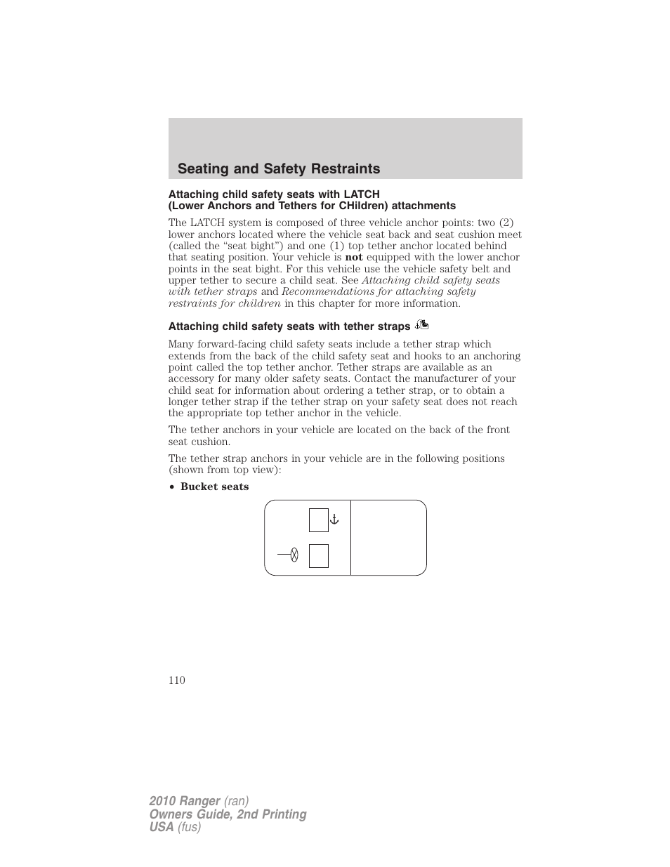 Attaching child safety seats with tether straps, Seating and safety restraints | FORD 2010 Ranger v.2 User Manual | Page 110 / 287