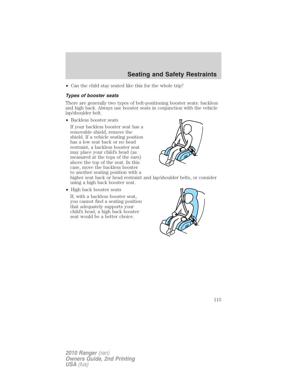 Types of booster seats, Seating and safety restraints | FORD 2010 Ranger v.2 User Manual | Page 115 / 287