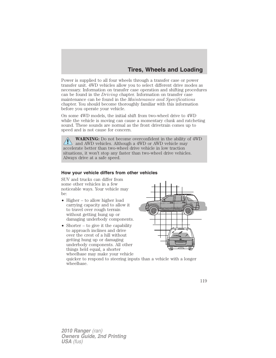 How your vehicle differs from other vehicles, Tires, wheels and loading | FORD 2010 Ranger v.2 User Manual | Page 119 / 287