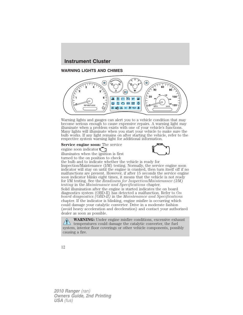 Instrument cluster, Warning lights and chimes | FORD 2010 Ranger v.2 User Manual | Page 12 / 287