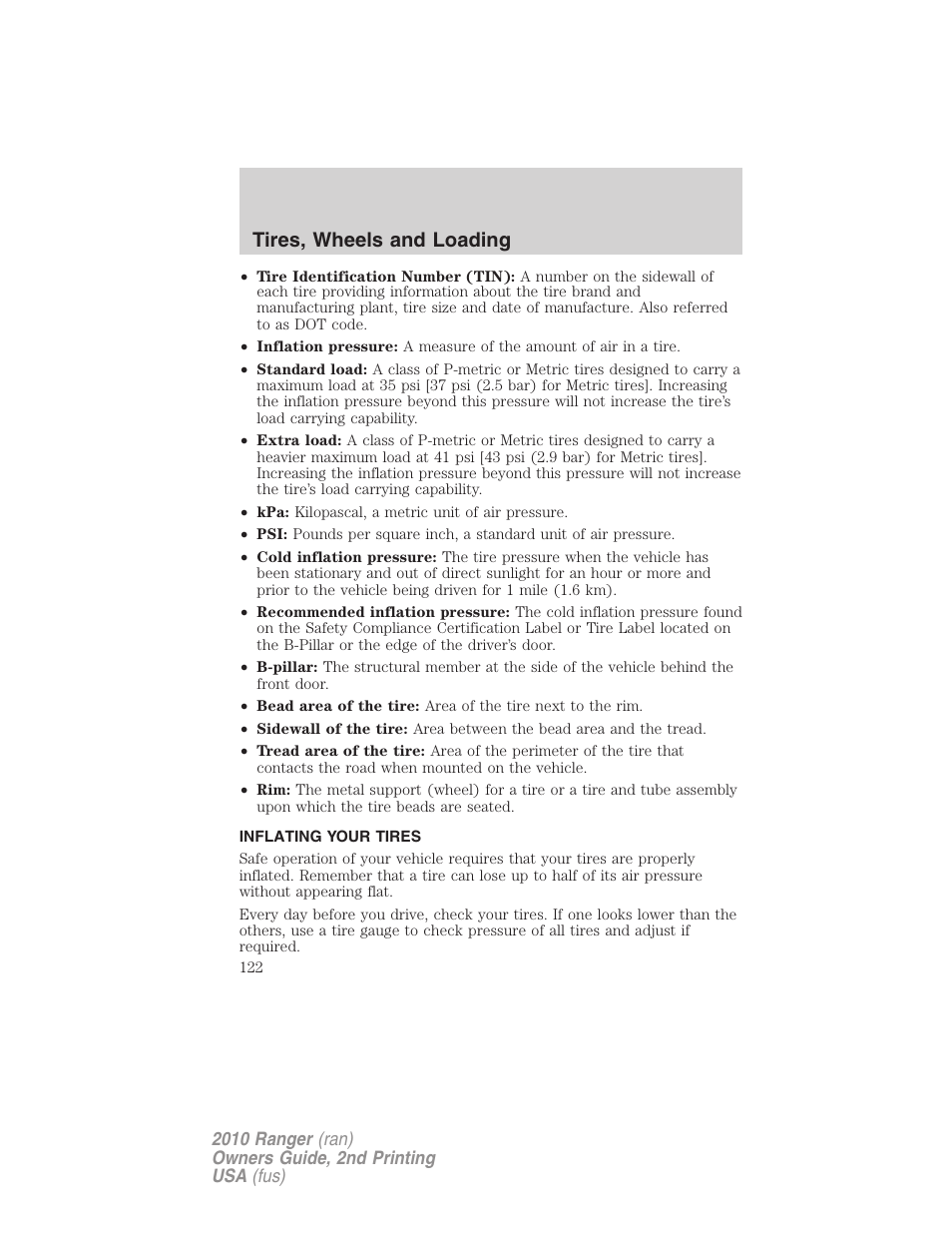 Inflating your tires, Tire inflation, Tires, wheels and loading | FORD 2010 Ranger v.2 User Manual | Page 122 / 287
