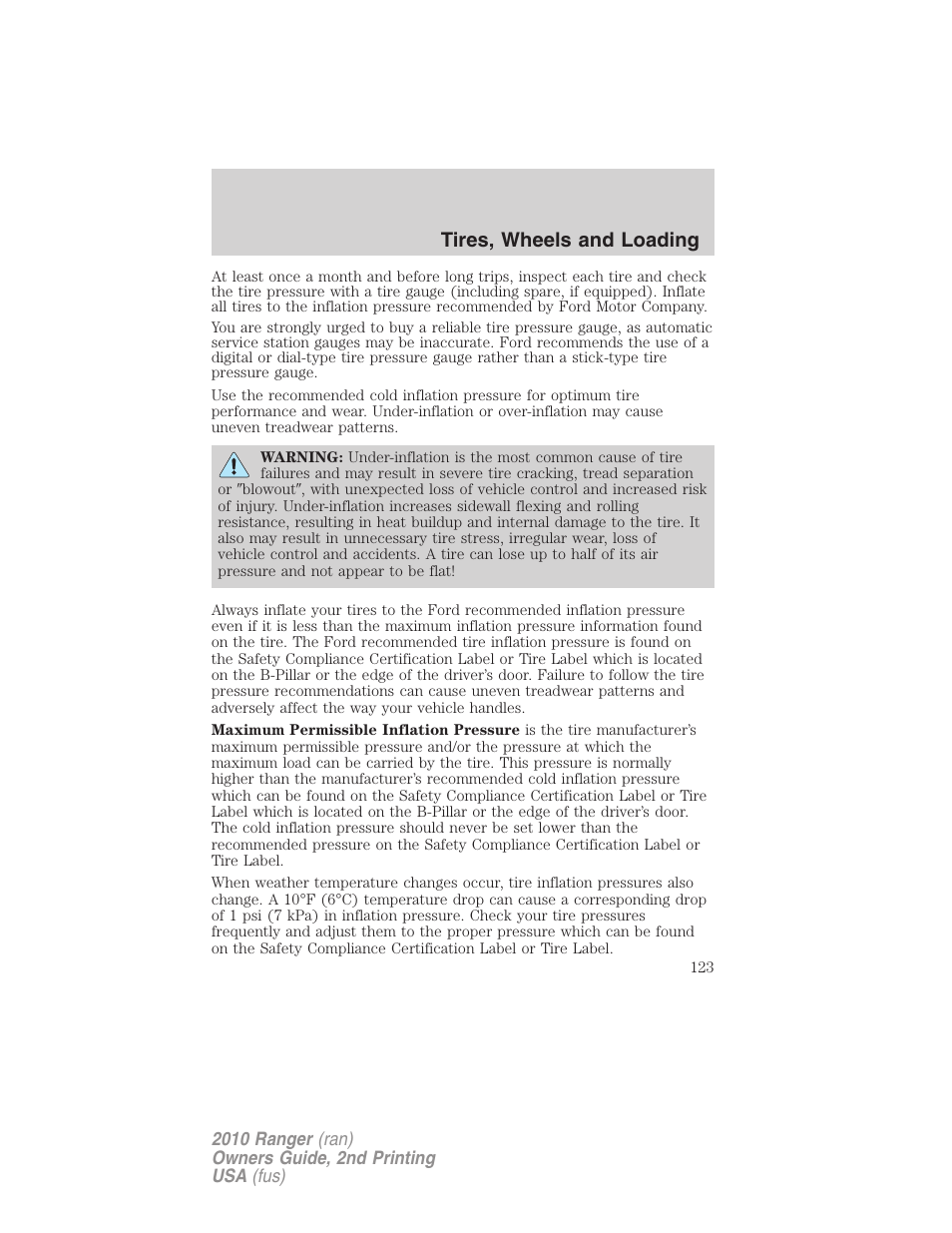 Tires, wheels and loading | FORD 2010 Ranger v.2 User Manual | Page 123 / 287