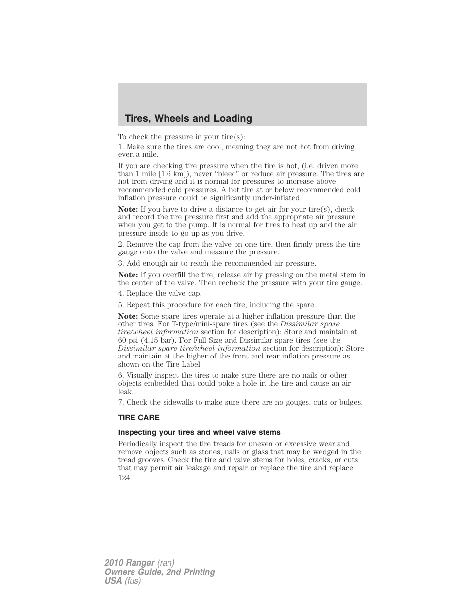 Tire care, Inspecting your tires and wheel valve stems, Tires, wheels and loading | FORD 2010 Ranger v.2 User Manual | Page 124 / 287