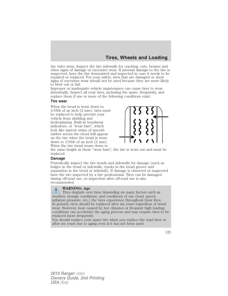 Tire wear, Damage, Tires, wheels and loading | FORD 2010 Ranger v.2 User Manual | Page 125 / 287