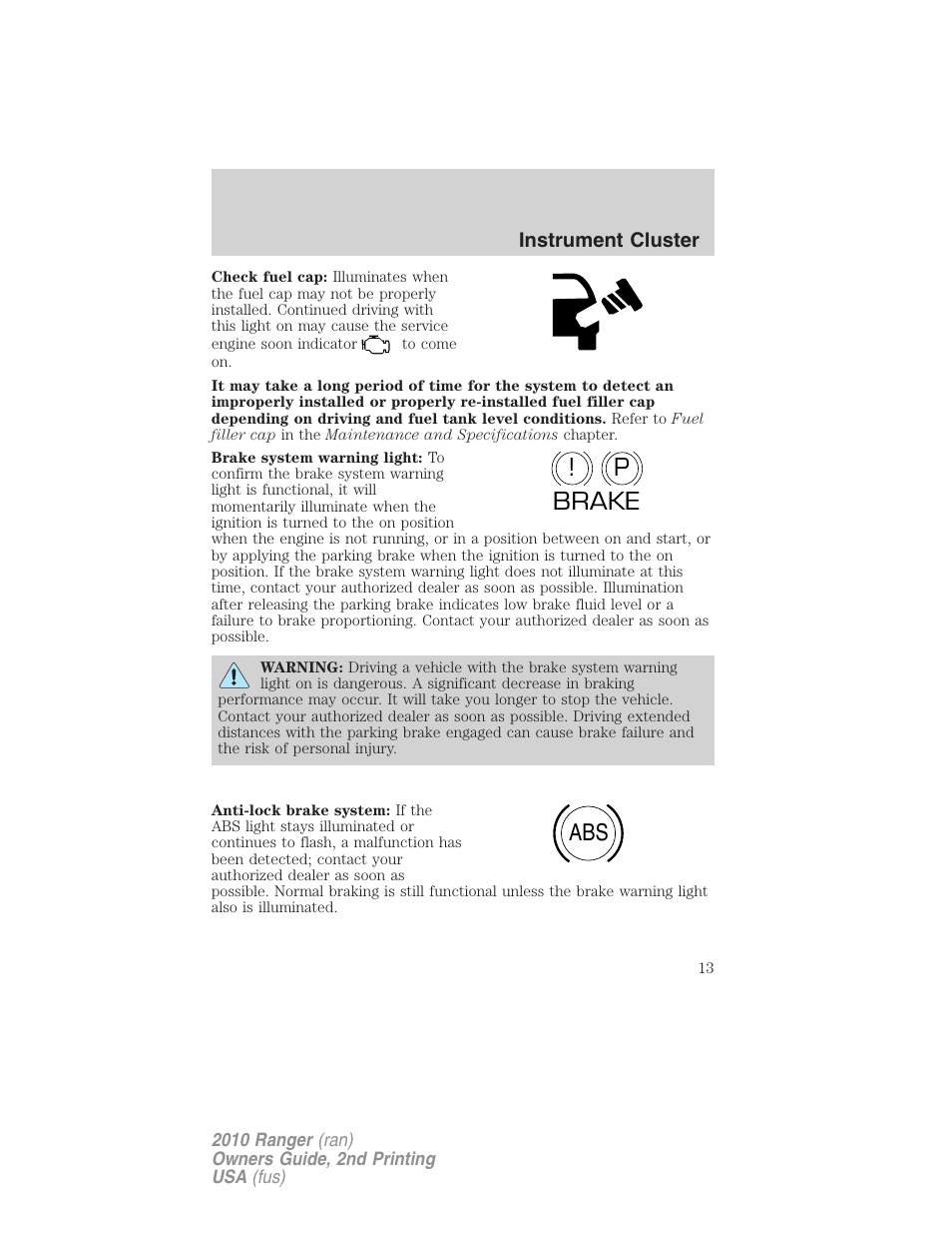 P! brake abs | FORD 2010 Ranger v.2 User Manual | Page 13 / 287