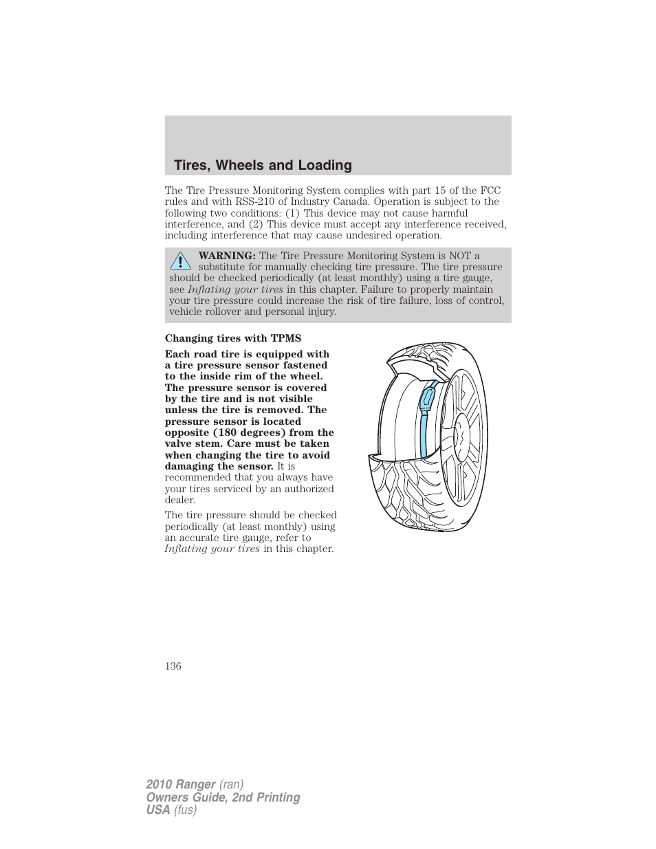 Tires, wheels and loading | FORD 2010 Ranger v.2 User Manual | Page 136 / 287
