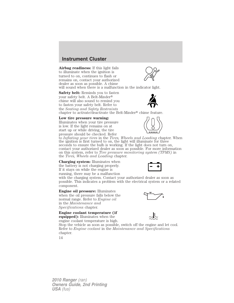 Instrument cluster | FORD 2010 Ranger v.2 User Manual | Page 14 / 287