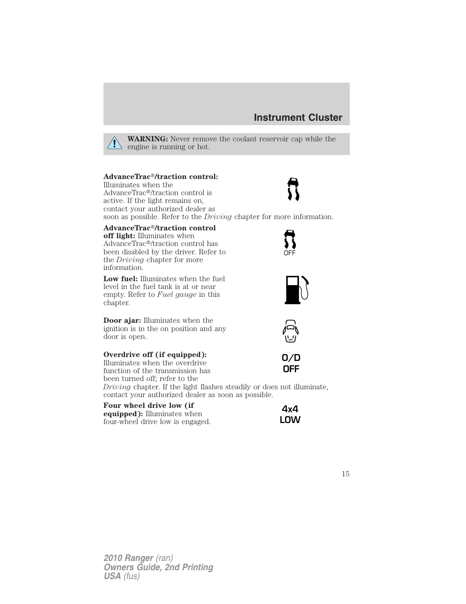 Instrument cluster | FORD 2010 Ranger v.2 User Manual | Page 15 / 287