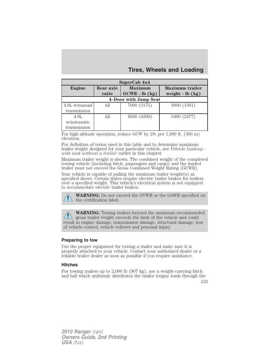 Preparing to tow, Hitches, Tires, wheels and loading | FORD 2010 Ranger v.2 User Manual | Page 153 / 287