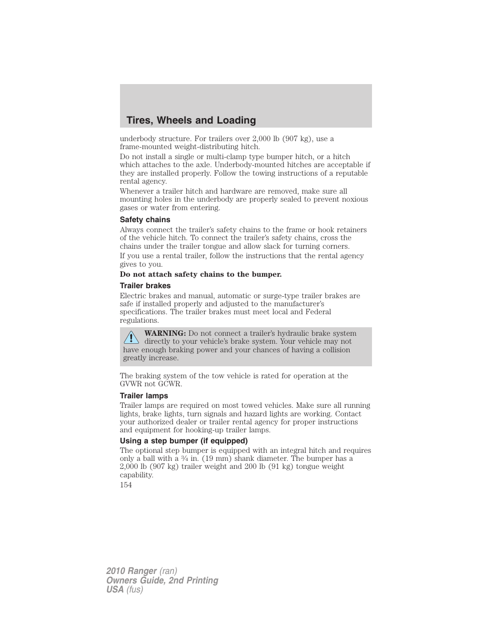 Safety chains, Trailer brakes, Trailer lamps | Using a step bumper (if equipped), Tires, wheels and loading | FORD 2010 Ranger v.2 User Manual | Page 154 / 287