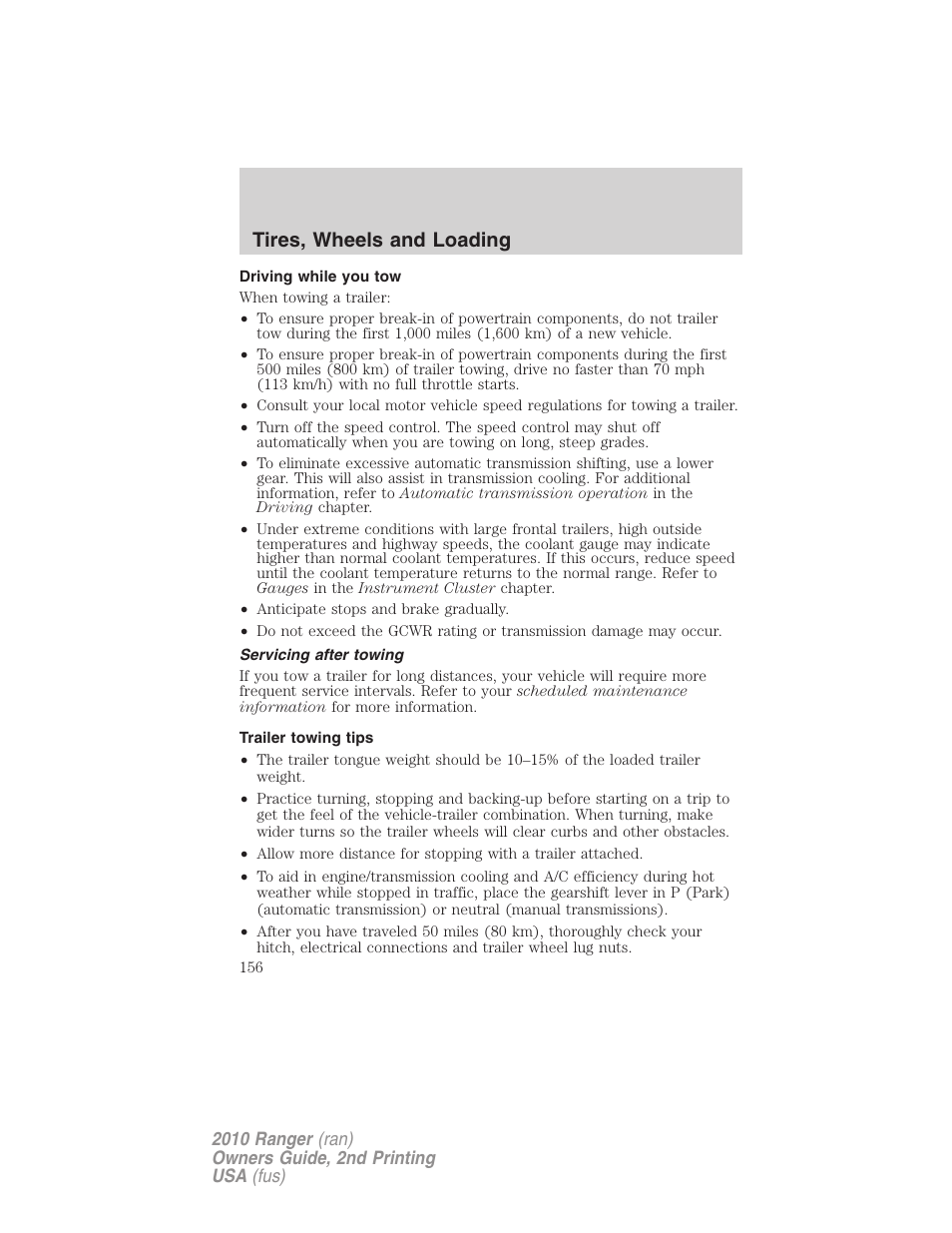 Driving while you tow, Servicing after towing, Trailer towing tips | Tires, wheels and loading | FORD 2010 Ranger v.2 User Manual | Page 156 / 287