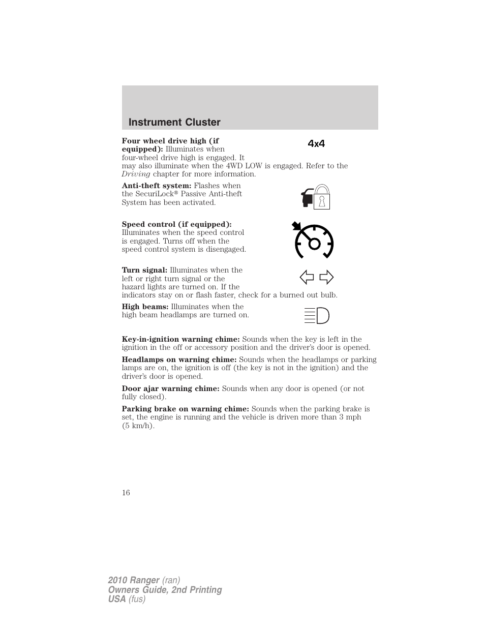 Instrument cluster | FORD 2010 Ranger v.2 User Manual | Page 16 / 287