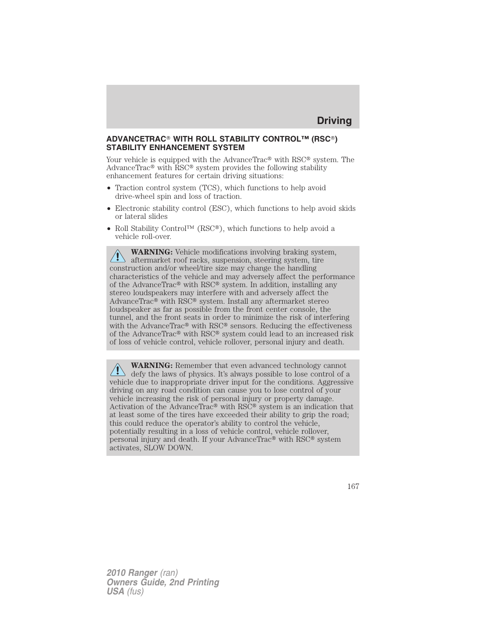 Advancetrac, Driving | FORD 2010 Ranger v.2 User Manual | Page 167 / 287