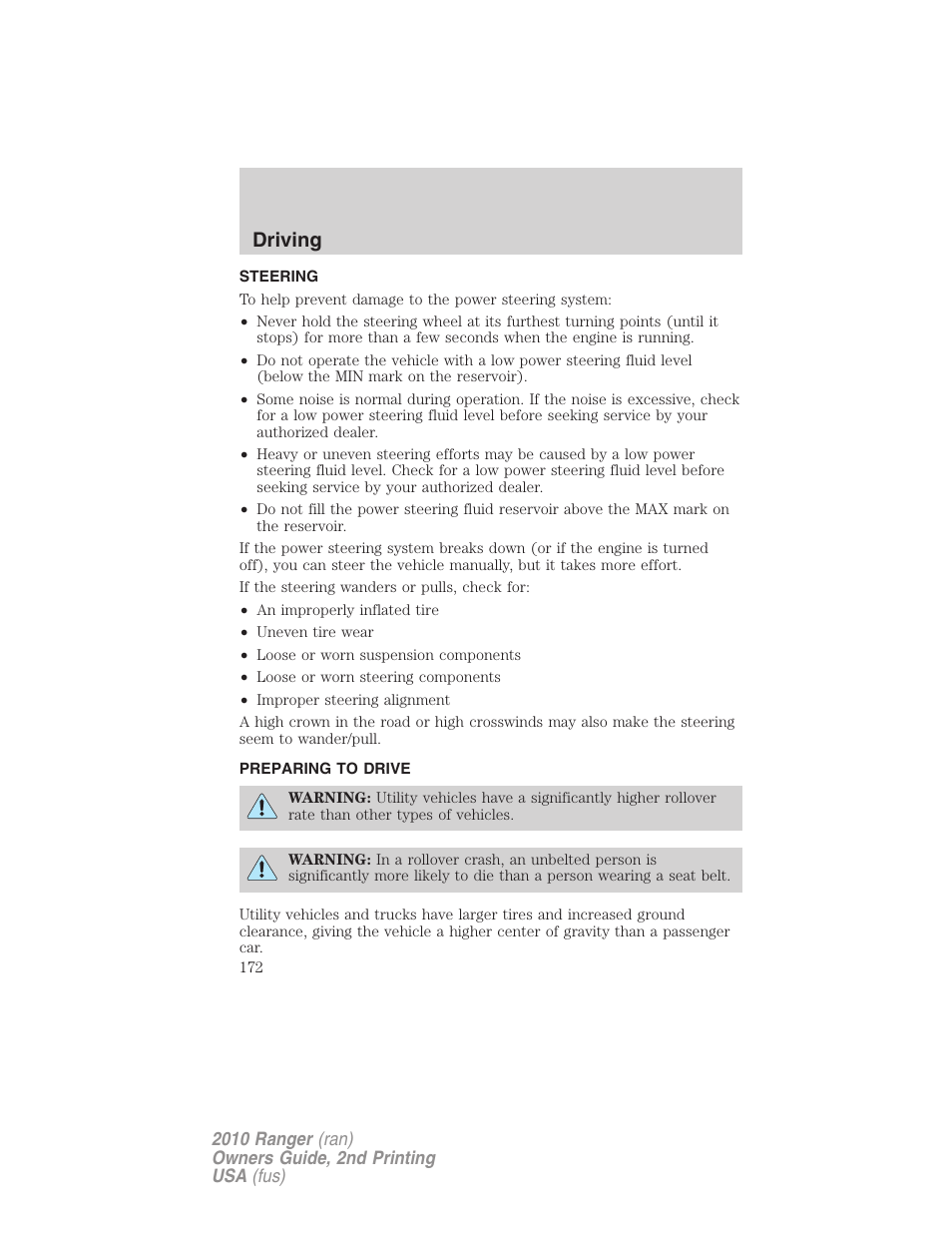 Steering, Preparing to drive, Driving | FORD 2010 Ranger v.2 User Manual | Page 172 / 287