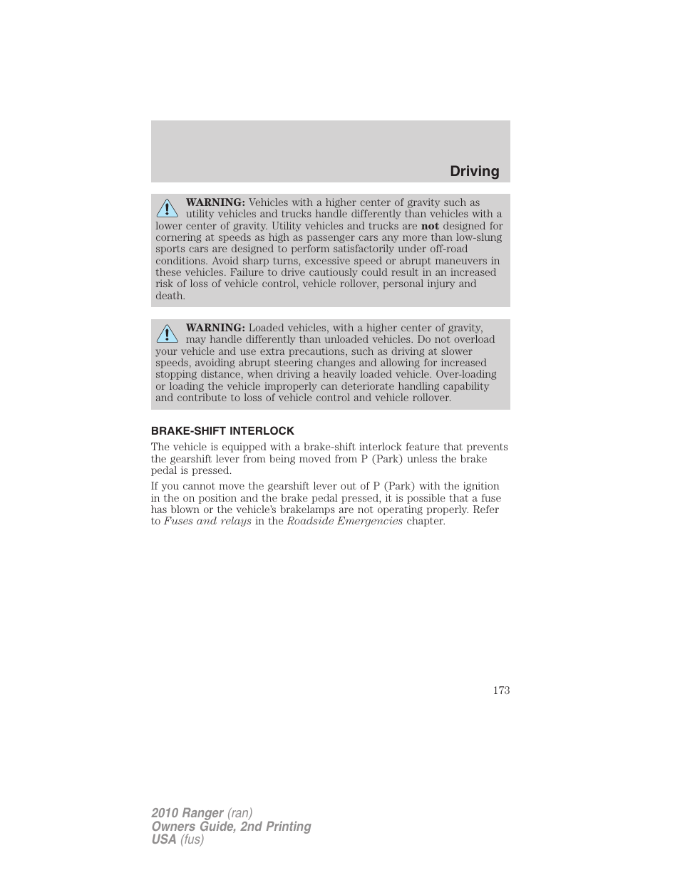 Brake-shift interlock, Driving | FORD 2010 Ranger v.2 User Manual | Page 173 / 287