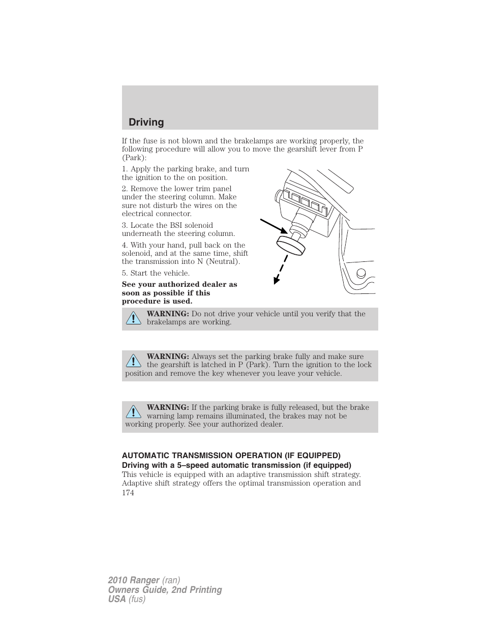 Automatic transmission operation (if equipped), Transmission operation, Driving | FORD 2010 Ranger v.2 User Manual | Page 174 / 287