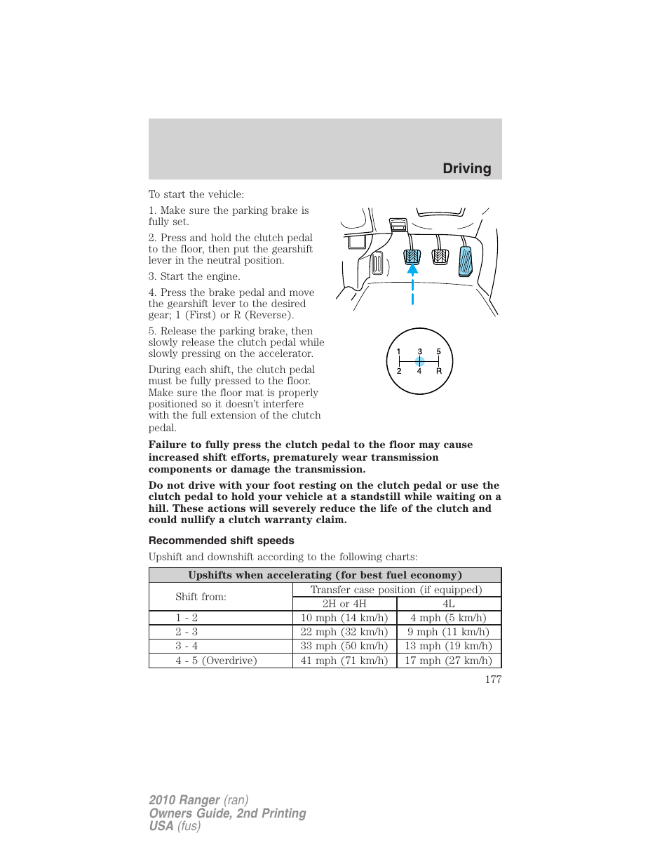 Recommended shift speeds, Driving | FORD 2010 Ranger v.2 User Manual | Page 177 / 287