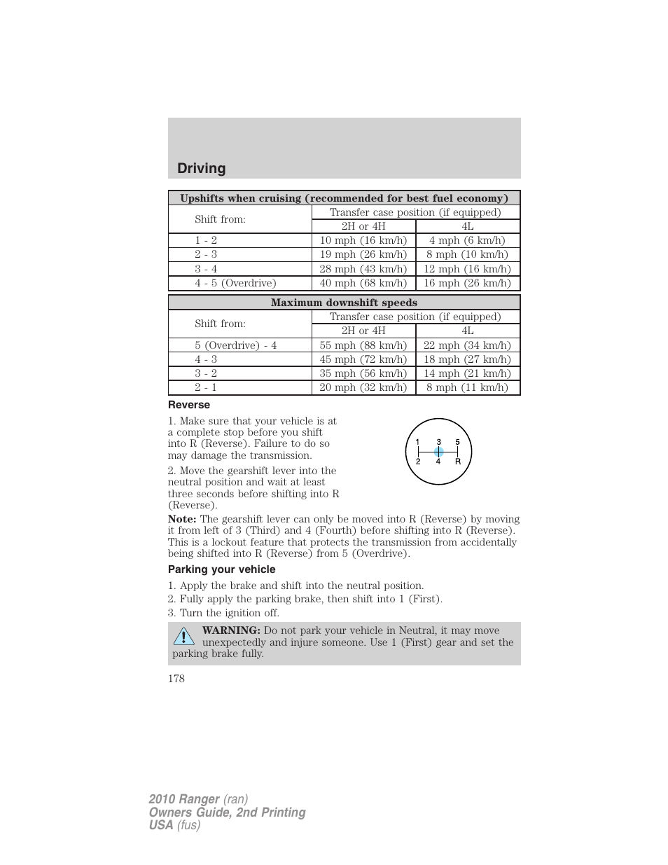 Reverse, Parking your vehicle, Driving | FORD 2010 Ranger v.2 User Manual | Page 178 / 287