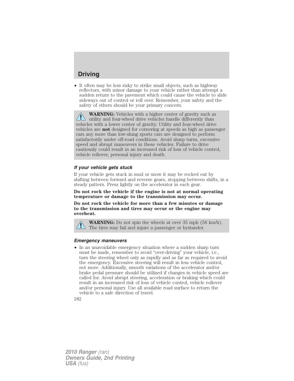If your vehicle gets stuck, Emergency maneuvers, Driving | FORD 2010 Ranger v.2 User Manual | Page 182 / 287