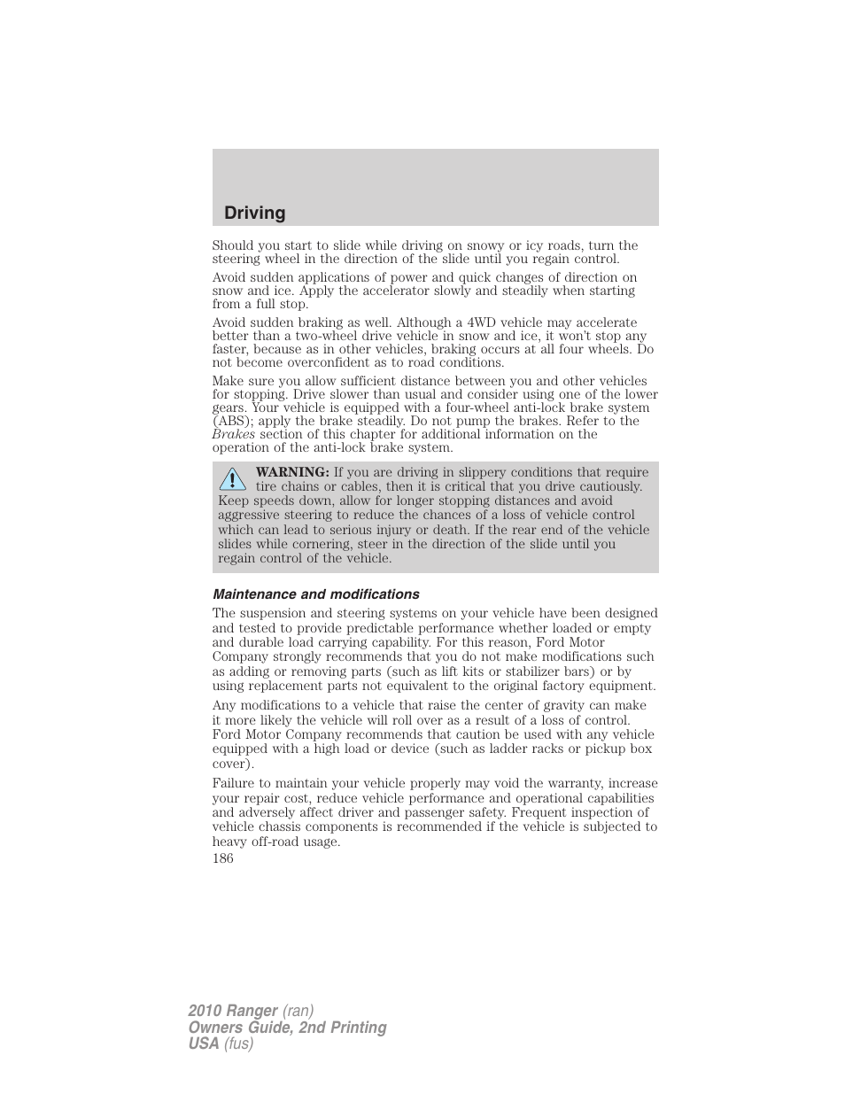 Maintenance and modifications, Driving | FORD 2010 Ranger v.2 User Manual | Page 186 / 287