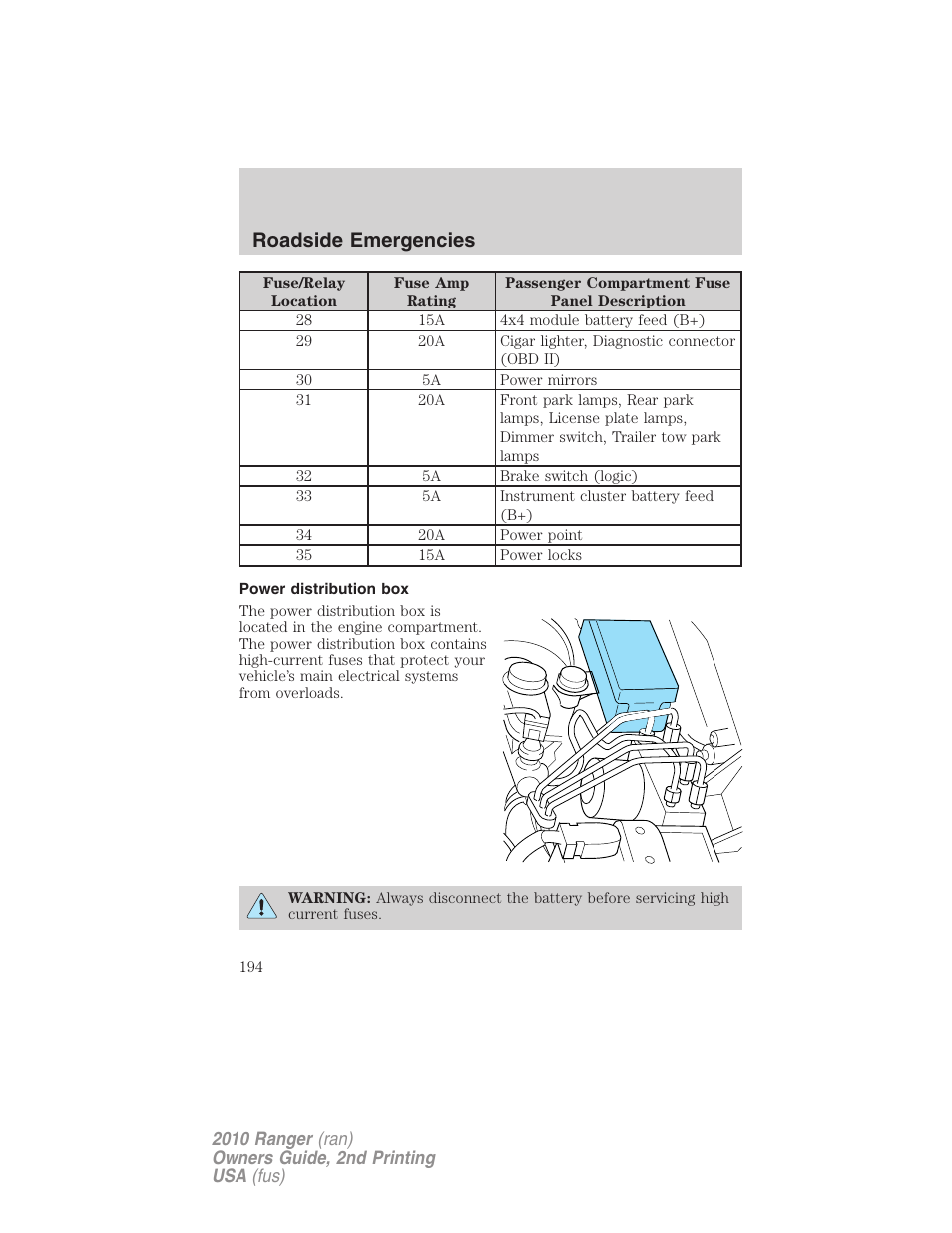 Power distribution box, Roadside emergencies | FORD 2010 Ranger v.2 User Manual | Page 194 / 287