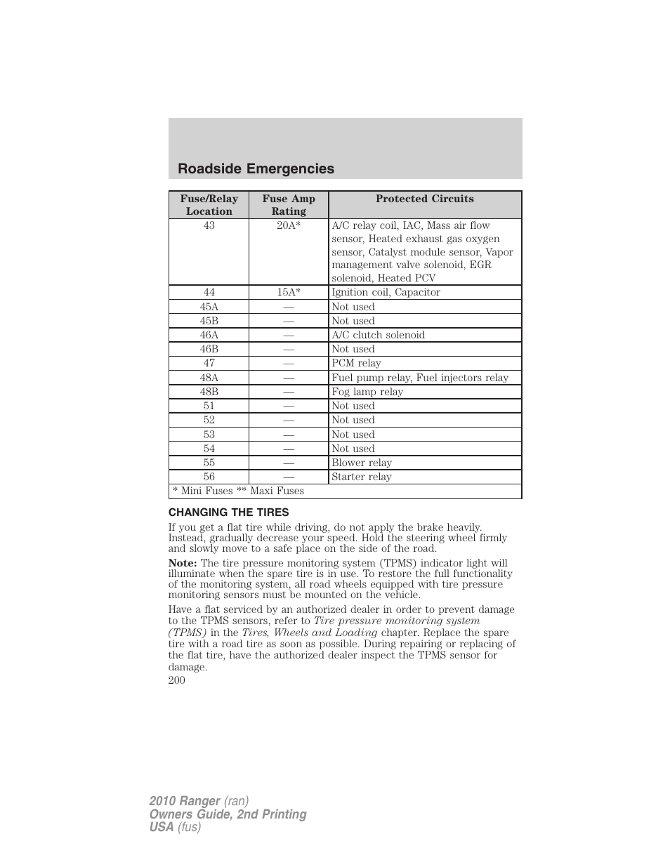 Changing the tires, Changing tires, Roadside emergencies | FORD 2010 Ranger v.2 User Manual | Page 200 / 287