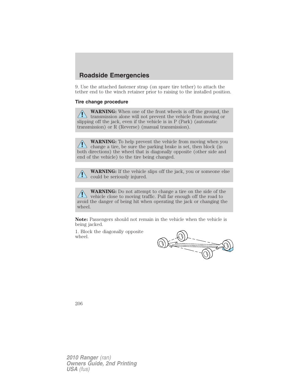 Tire change procedure, Roadside emergencies | FORD 2010 Ranger v.2 User Manual | Page 206 / 287