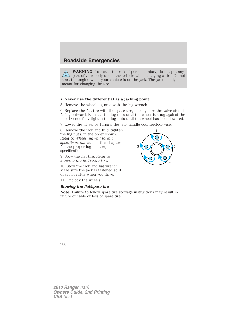 Stowing the flat/spare tire, Roadside emergencies | FORD 2010 Ranger v.2 User Manual | Page 208 / 287