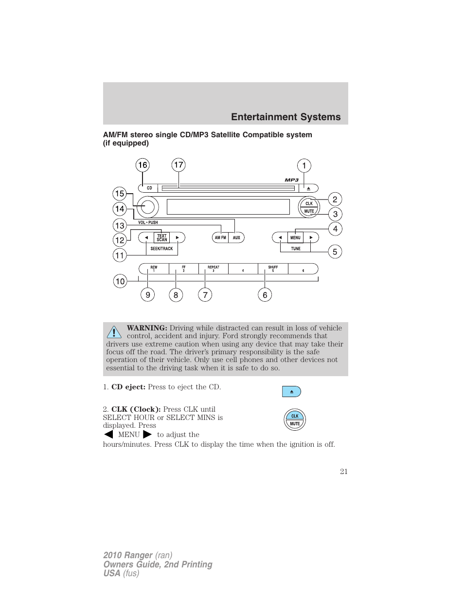 Am/fm stereo single cd/mp3 system, Entertainment systems | FORD 2010 Ranger v.2 User Manual | Page 21 / 287