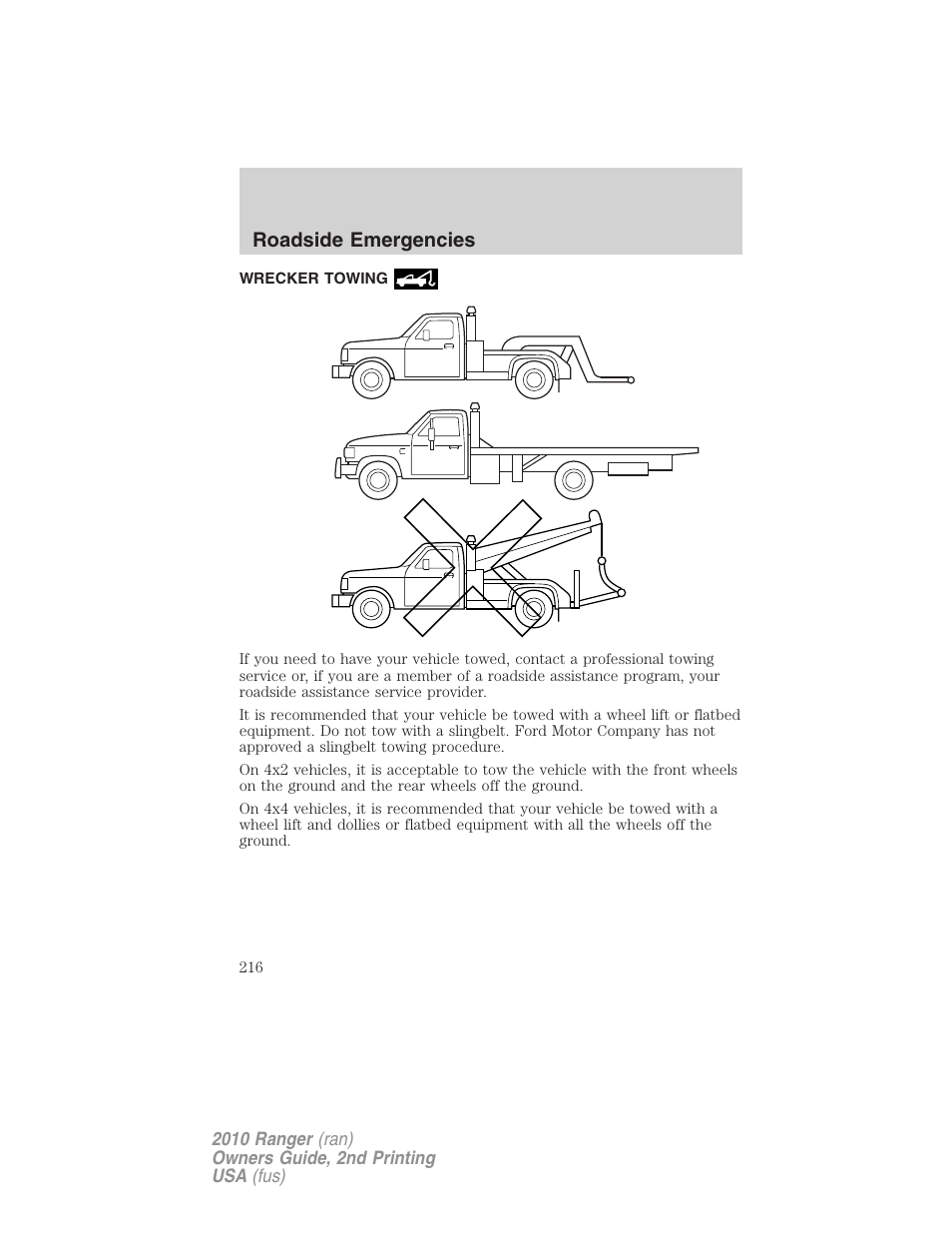 Wrecker towing, Roadside emergencies | FORD 2010 Ranger v.2 User Manual | Page 216 / 287