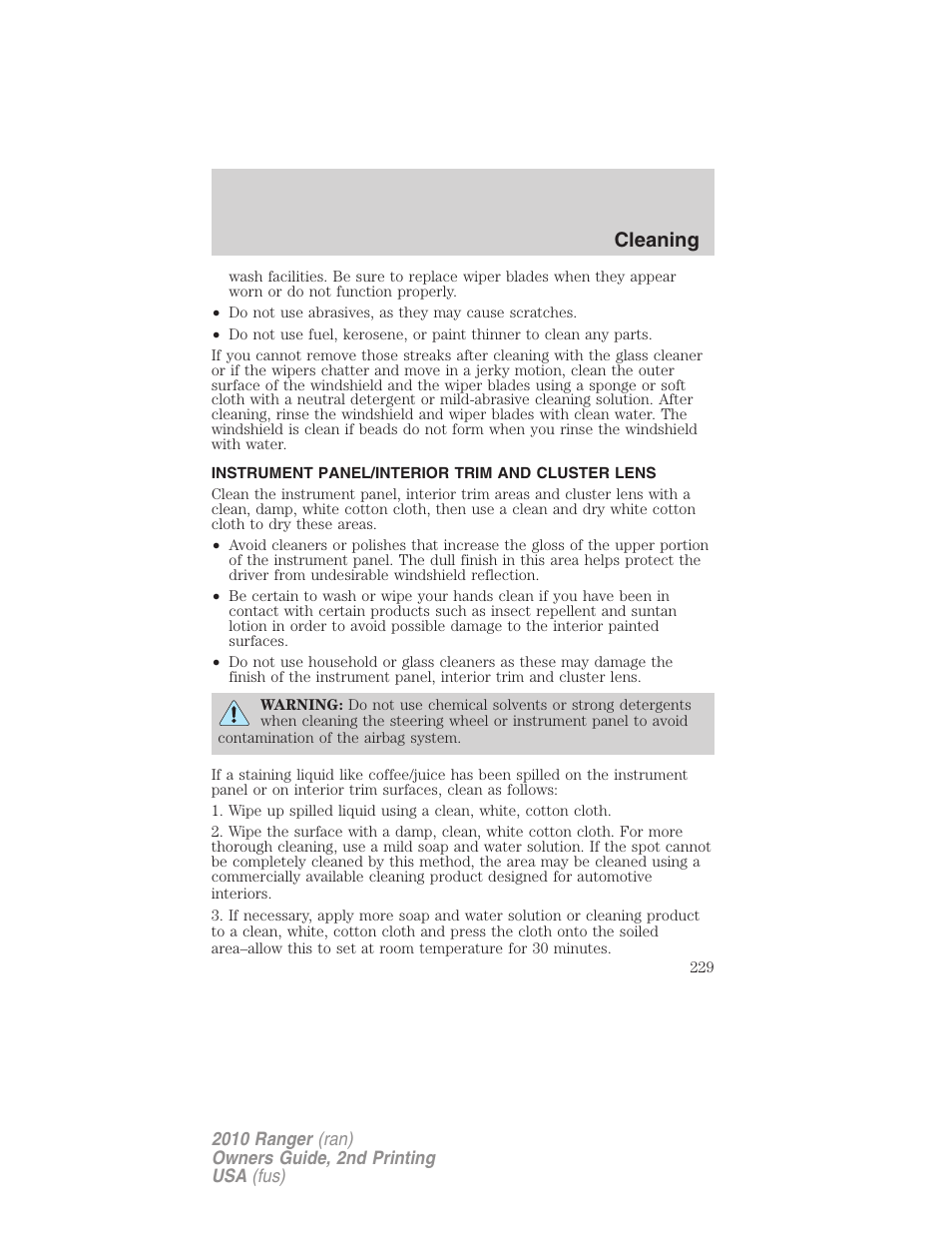 Instrument panel/interior trim and cluster lens, Cleaning | FORD 2010 Ranger v.2 User Manual | Page 229 / 287