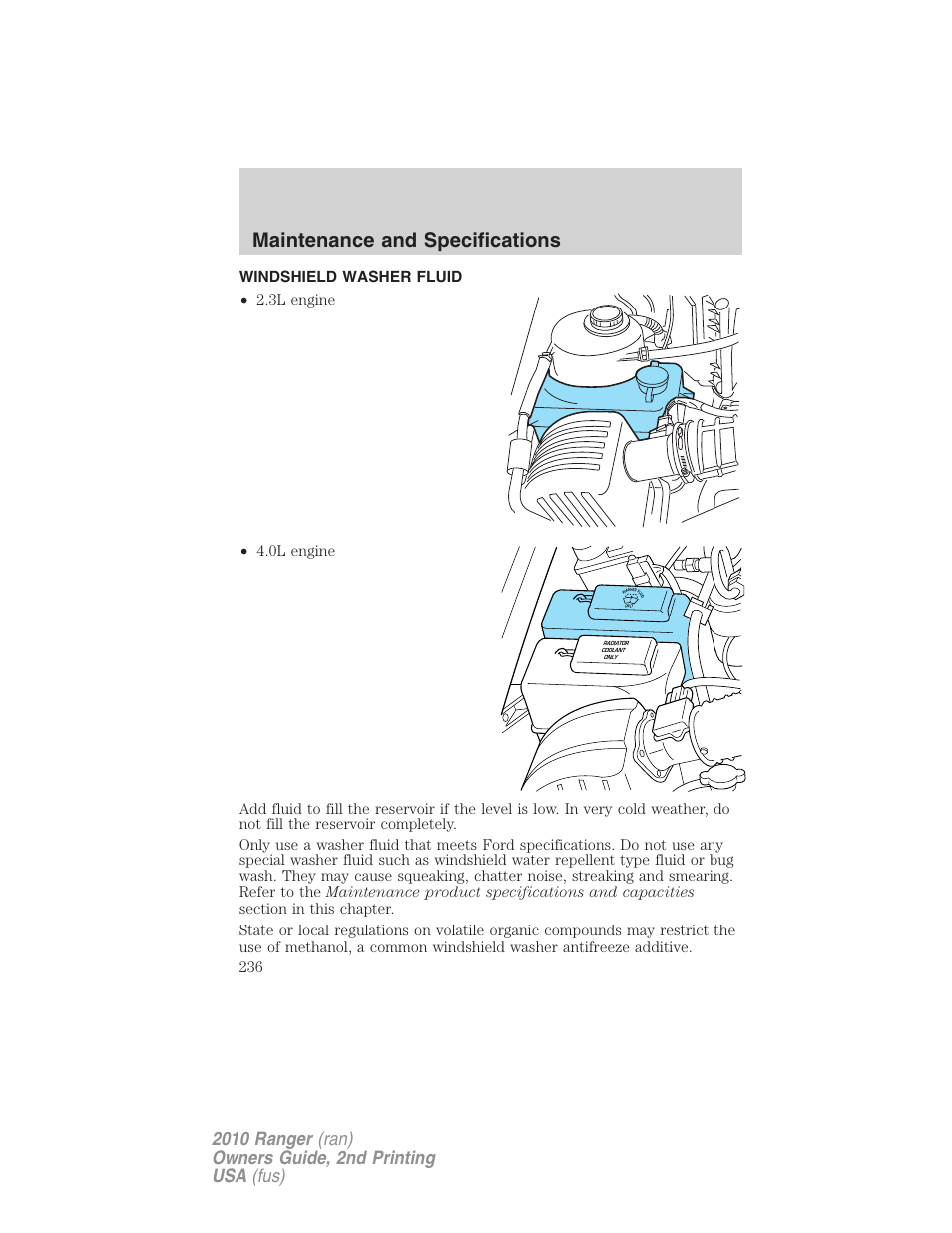 Windshield washer fluid, Maintenance and specifications | FORD 2010 Ranger v.2 User Manual | Page 236 / 287