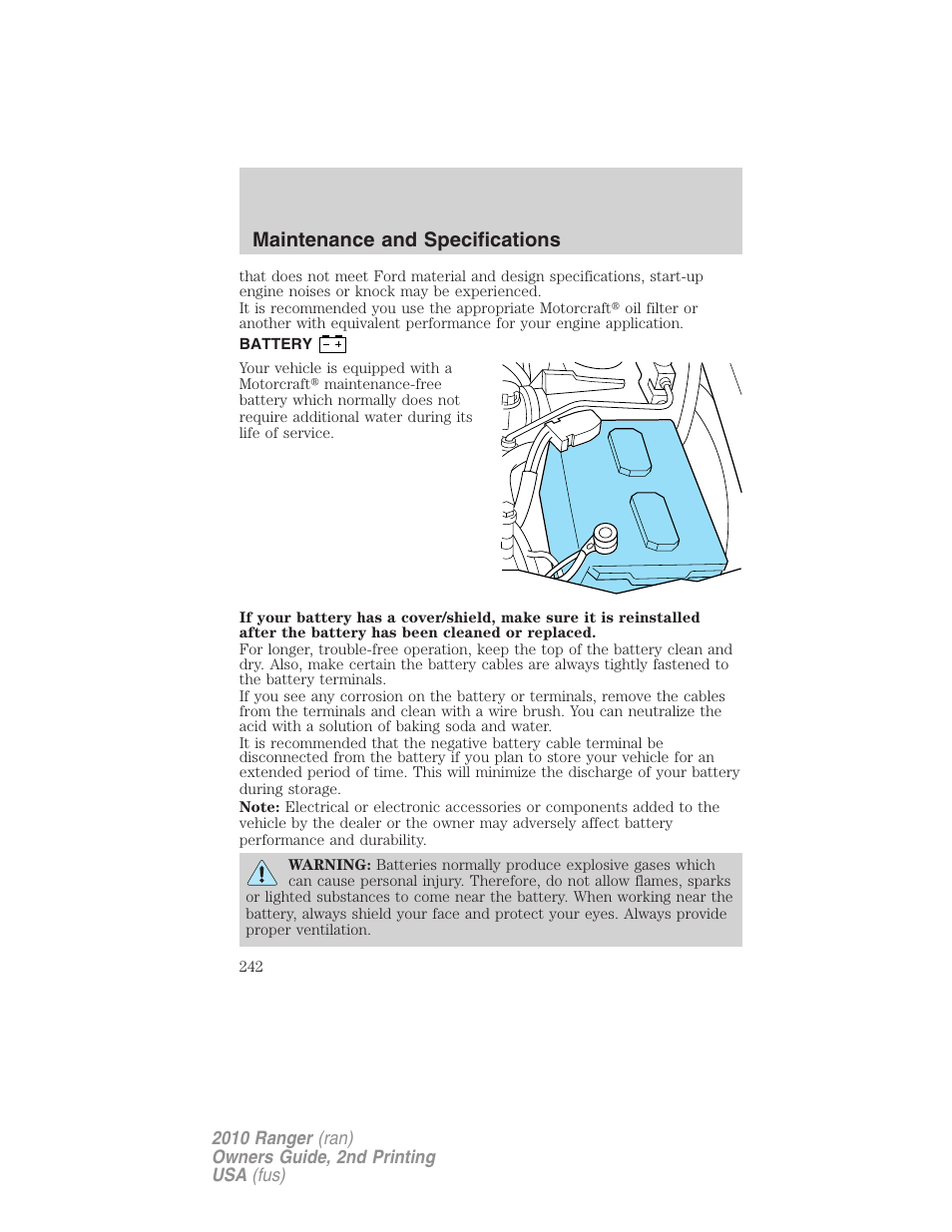 Battery, Maintenance and specifications | FORD 2010 Ranger v.2 User Manual | Page 242 / 287