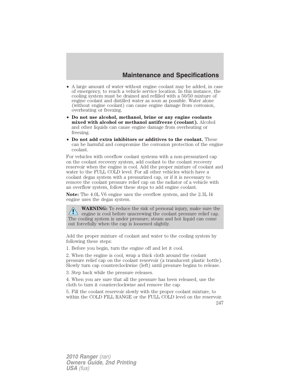 Maintenance and specifications | FORD 2010 Ranger v.2 User Manual | Page 247 / 287