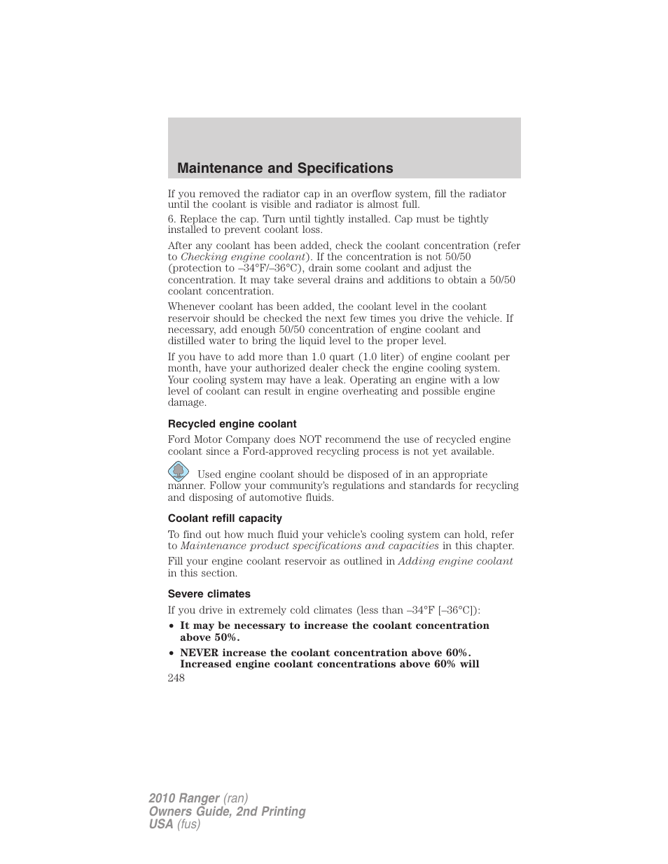 Recycled engine coolant, Coolant refill capacity, Severe climates | Maintenance and specifications | FORD 2010 Ranger v.2 User Manual | Page 248 / 287
