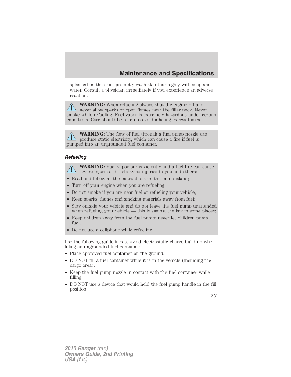 Refueling, Maintenance and specifications | FORD 2010 Ranger v.2 User Manual | Page 251 / 287