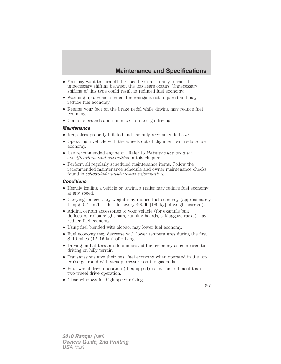 Maintenance, Conditions, Maintenance and specifications | FORD 2010 Ranger v.2 User Manual | Page 257 / 287