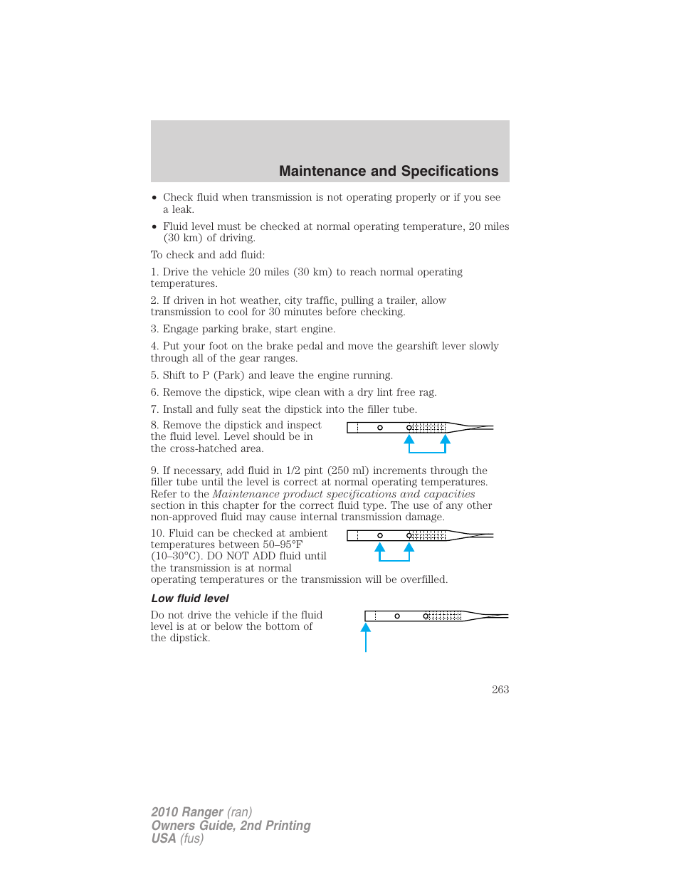 Low fluid level, Maintenance and specifications | FORD 2010 Ranger v.2 User Manual | Page 263 / 287