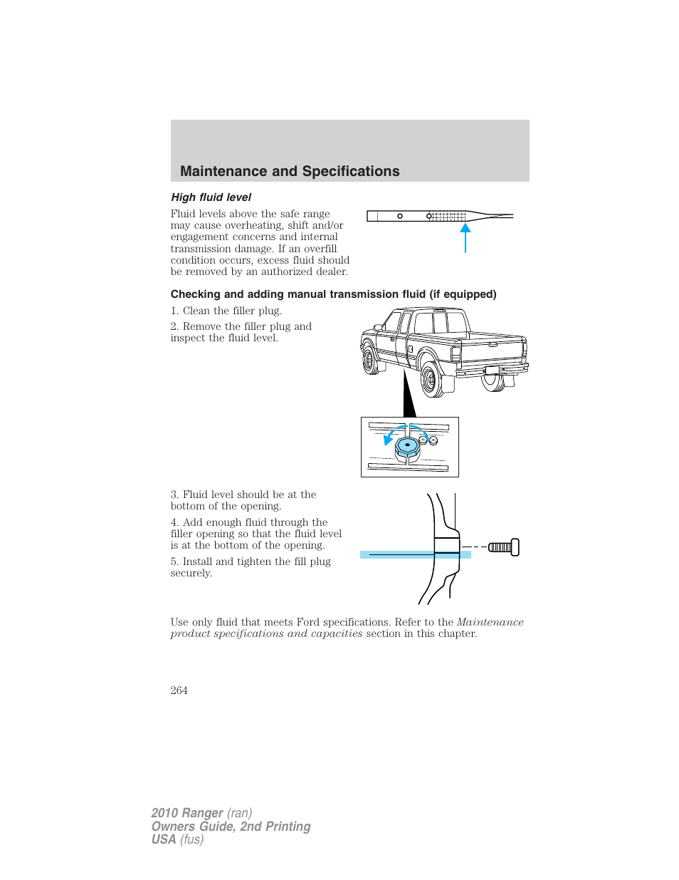 High fluid level, Maintenance and specifications | FORD 2010 Ranger v.2 User Manual | Page 264 / 287