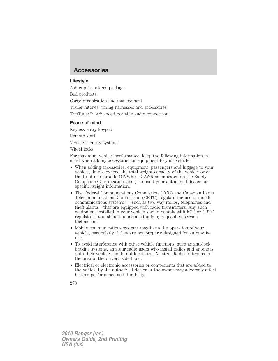 Lifestyle, Peace of mind, Accessories | FORD 2010 Ranger v.2 User Manual | Page 278 / 287
