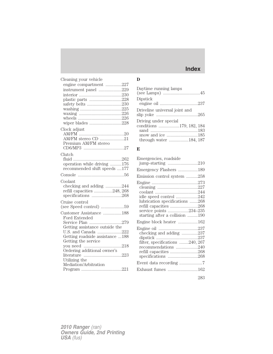 Index | FORD 2010 Ranger v.2 User Manual | Page 283 / 287