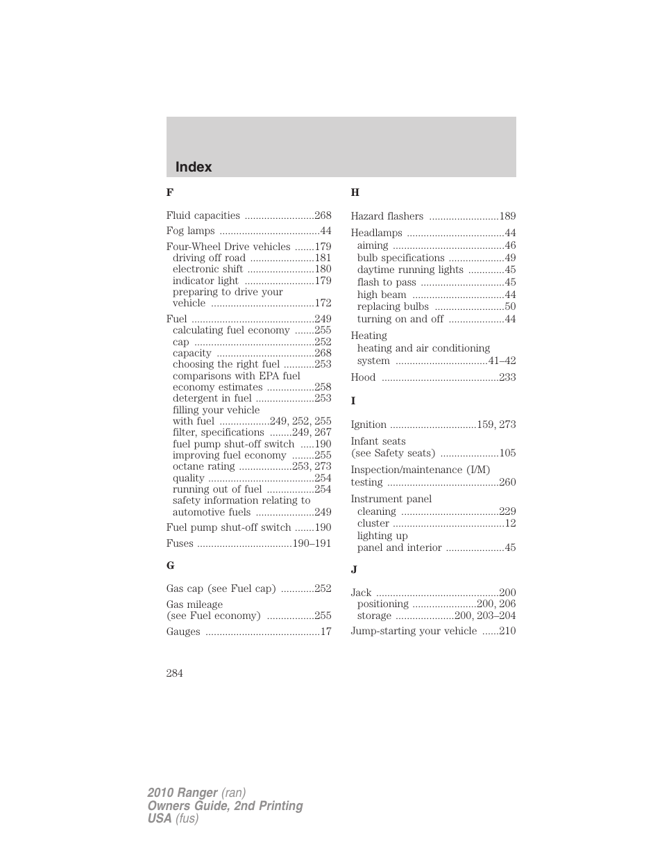 Index | FORD 2010 Ranger v.2 User Manual | Page 284 / 287