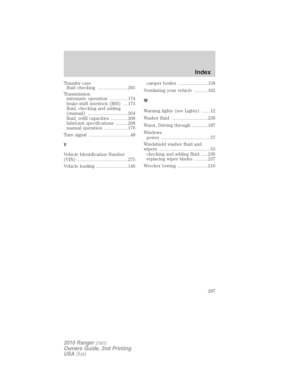 Index | FORD 2010 Ranger v.2 User Manual | Page 287 / 287